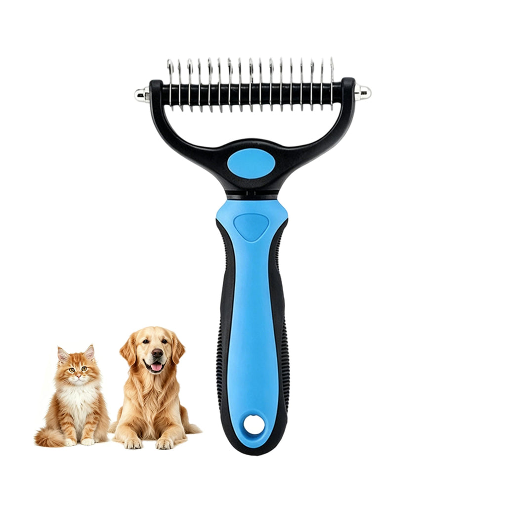 Blue dematting comb shown with a cat and a dog
