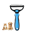Blue dematting comb shown with a cat and a dog
