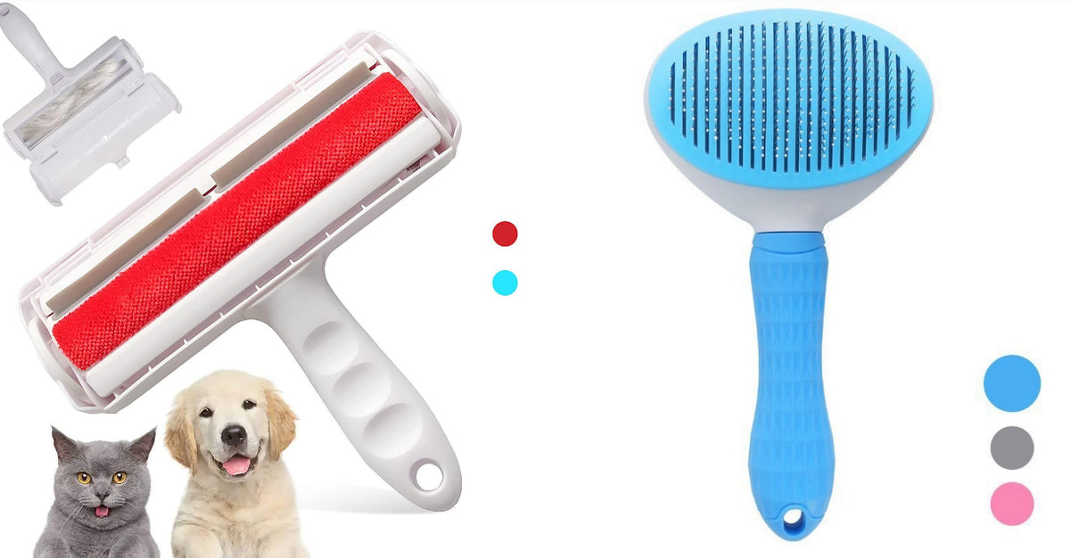 Pet hair remover roller and slicker brush set