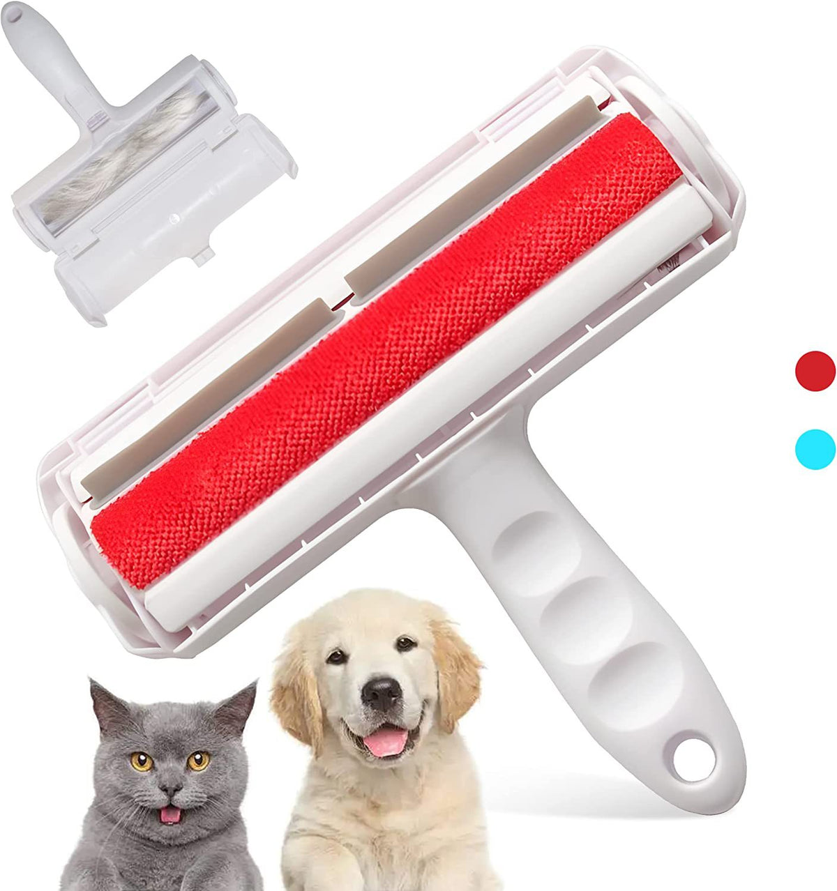 Reusable pet hair remover roller shown with a cat and a dog
