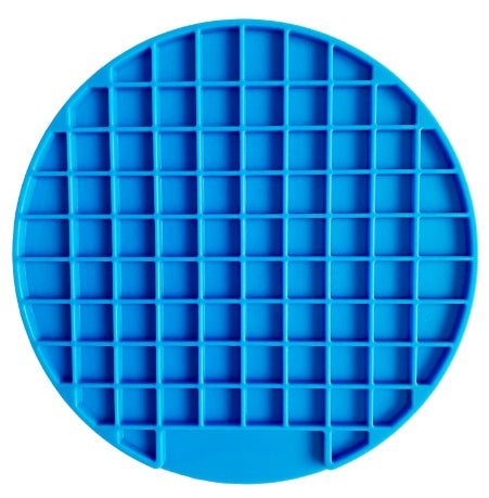 Blue silicone lick mat with a square grid pattern